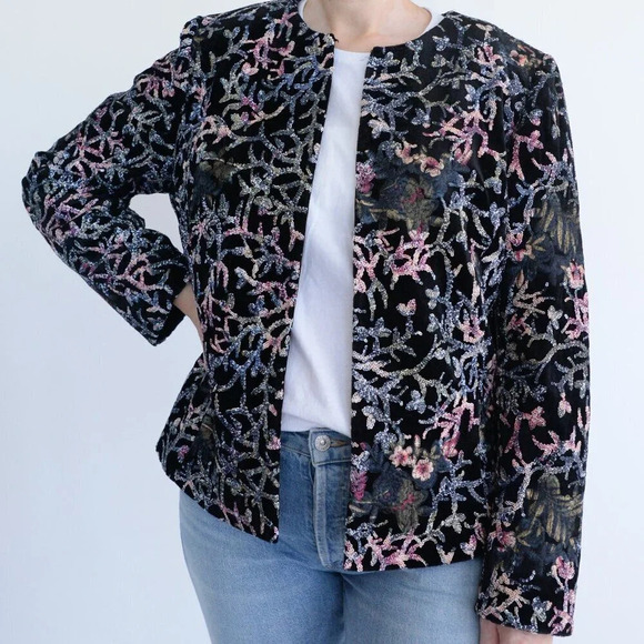 Vintage Tahari Arthur Levine Black & Maroon Sequin Velvet Embroidered Jacket 14 - Picture 1 of 14